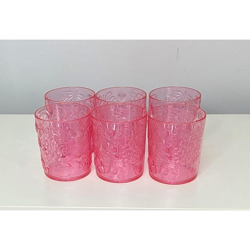 Vintage Set of 6 Pink Acrylic Fruit Pattern Drinking Cups